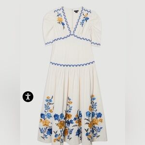 NEW Karen Millen Petite Rose Embroidered Cotton Twill Puff Sleeve Woven Dress